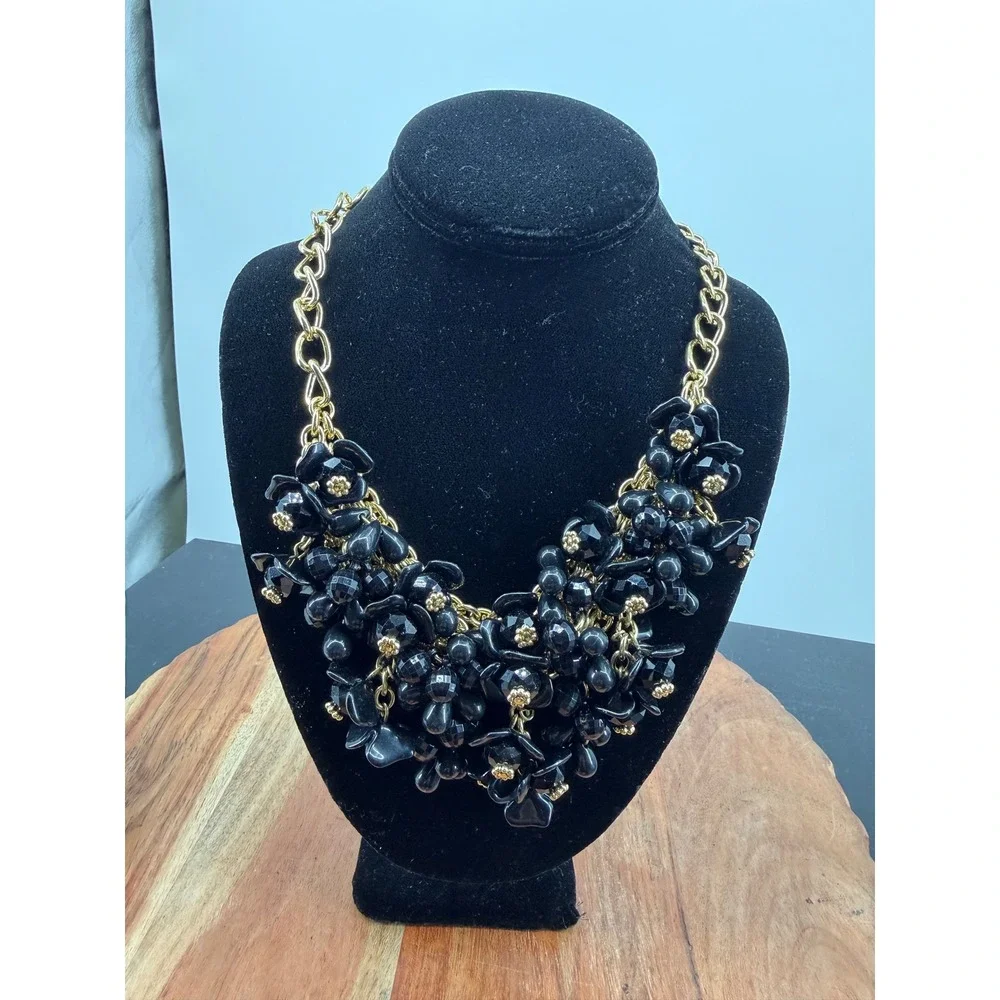 Talbots Floral Bib Necklace Womens OS Black Gold Tone Chunky Statement New